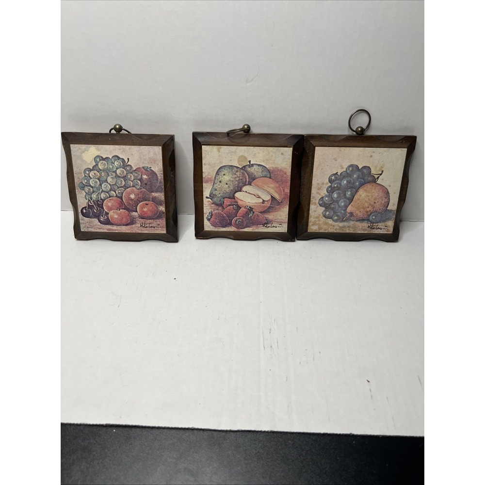 3 Vintage 1970's Wood Fruit Wall Plaques Homco Home Interiors Set MCM Decor 5"